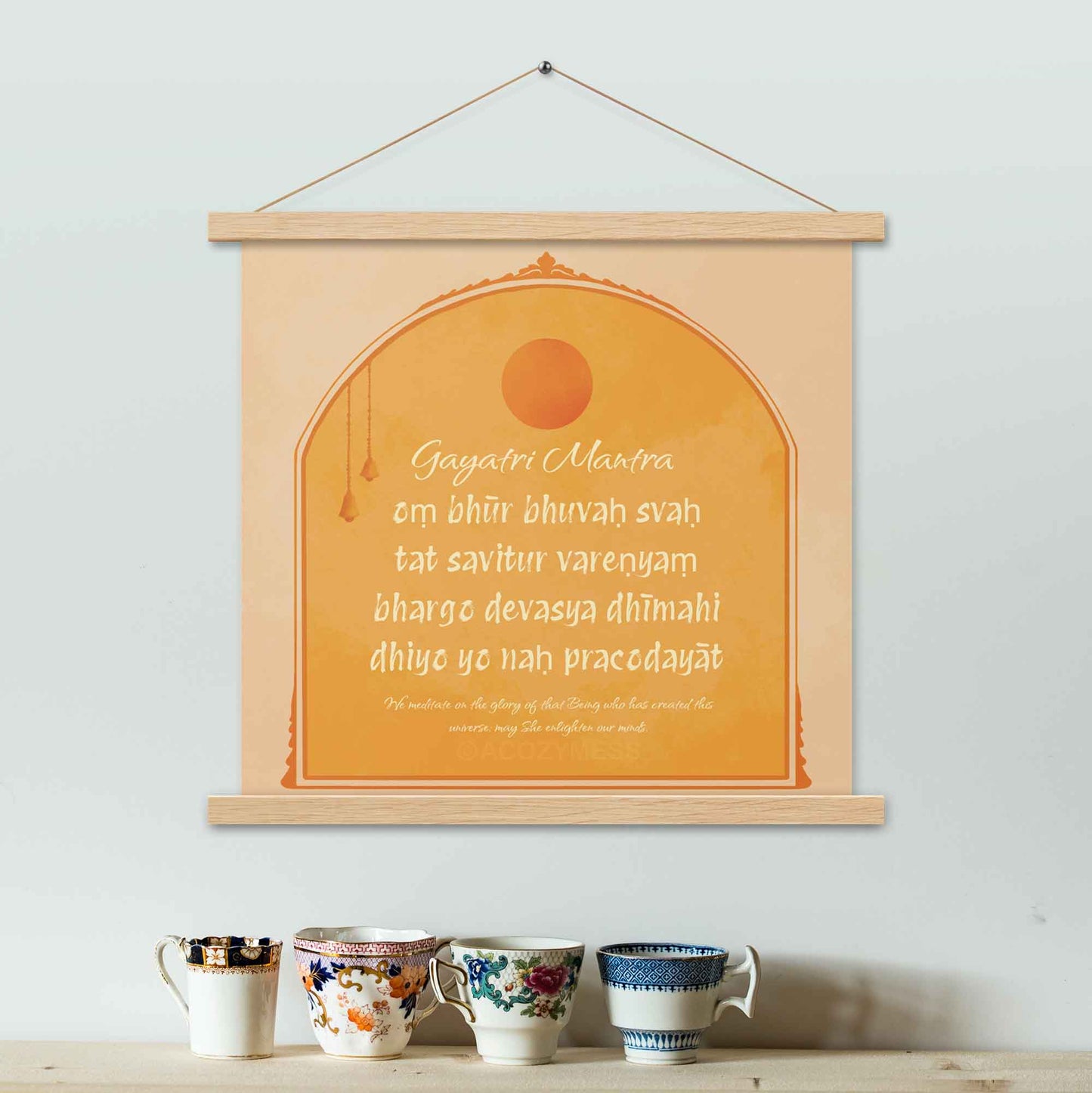 "Gayatri Mantra art print in yellow, beige, and orange colors, designed in square sizes to bring warmth and spiritual energy to any space."