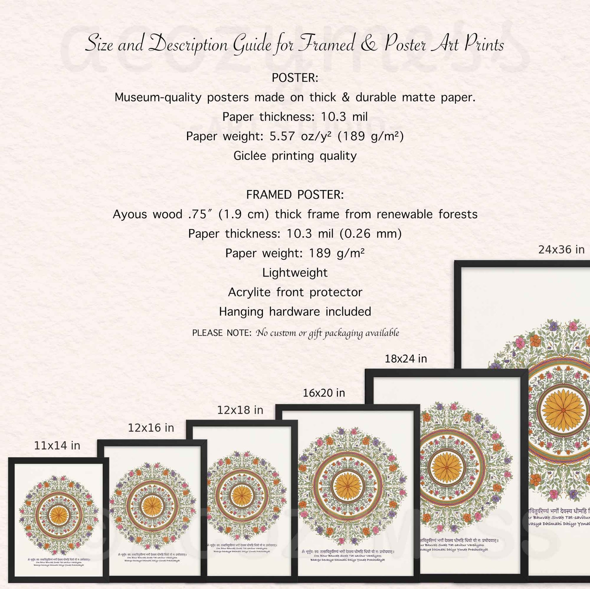 size description details of gayatri mantra poster farmed and unframed.