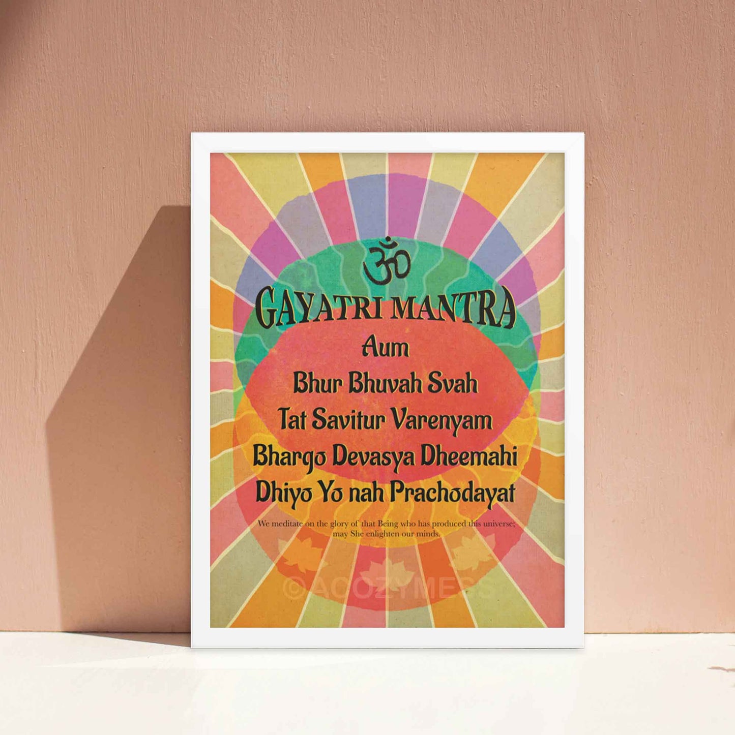 Gayatri mantra  print, colorful design  in white frame