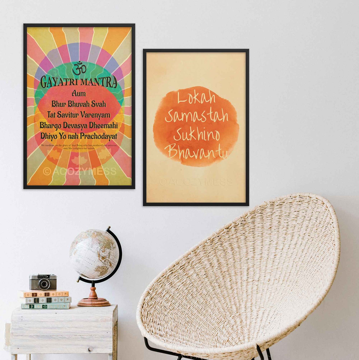 Gayatri mantra  poster, colorful design and lokah samstah poster, in black frame