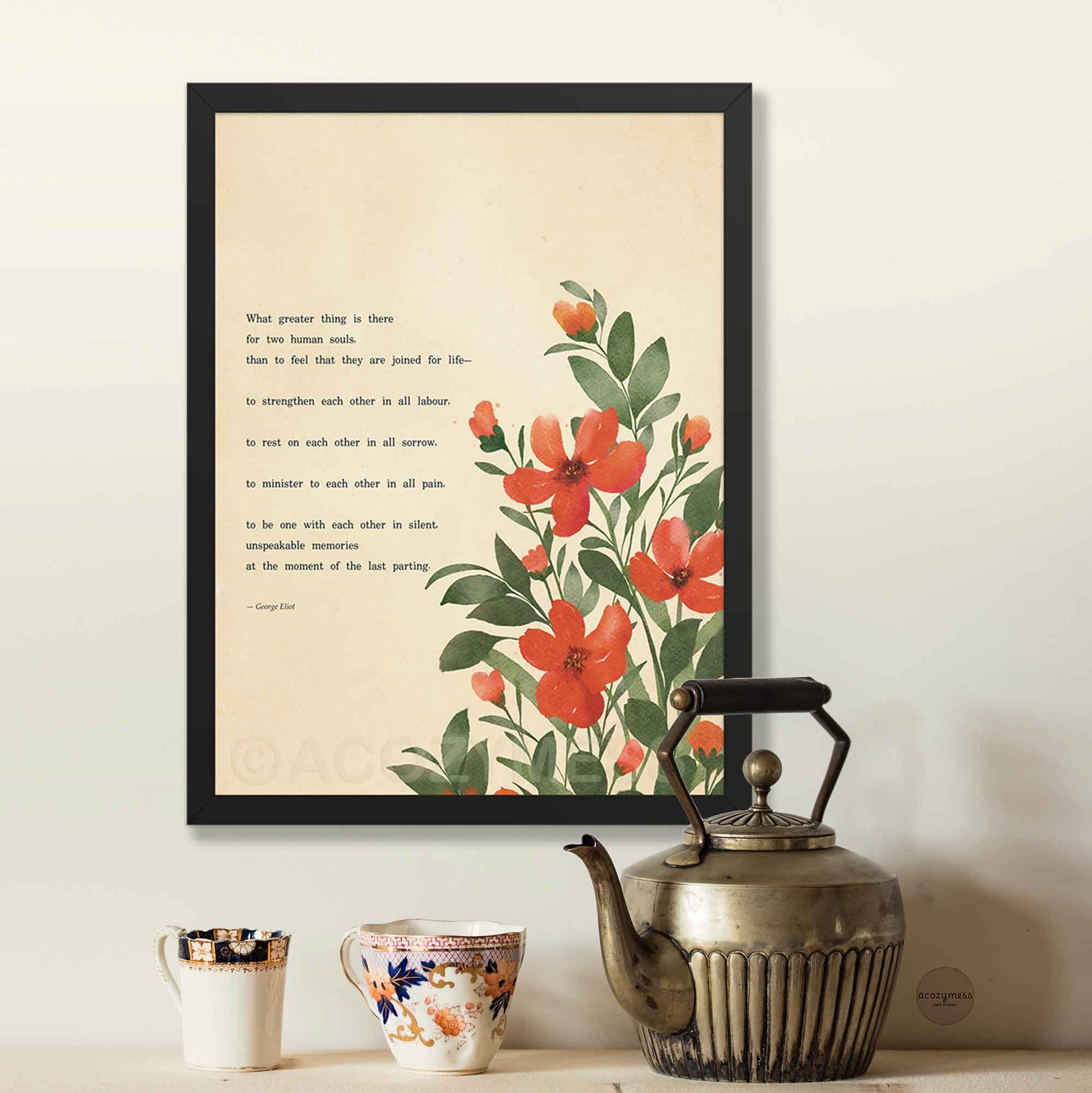 Framed wall art featuring a love poem on a cream background with red-orange flowers and green leaves.