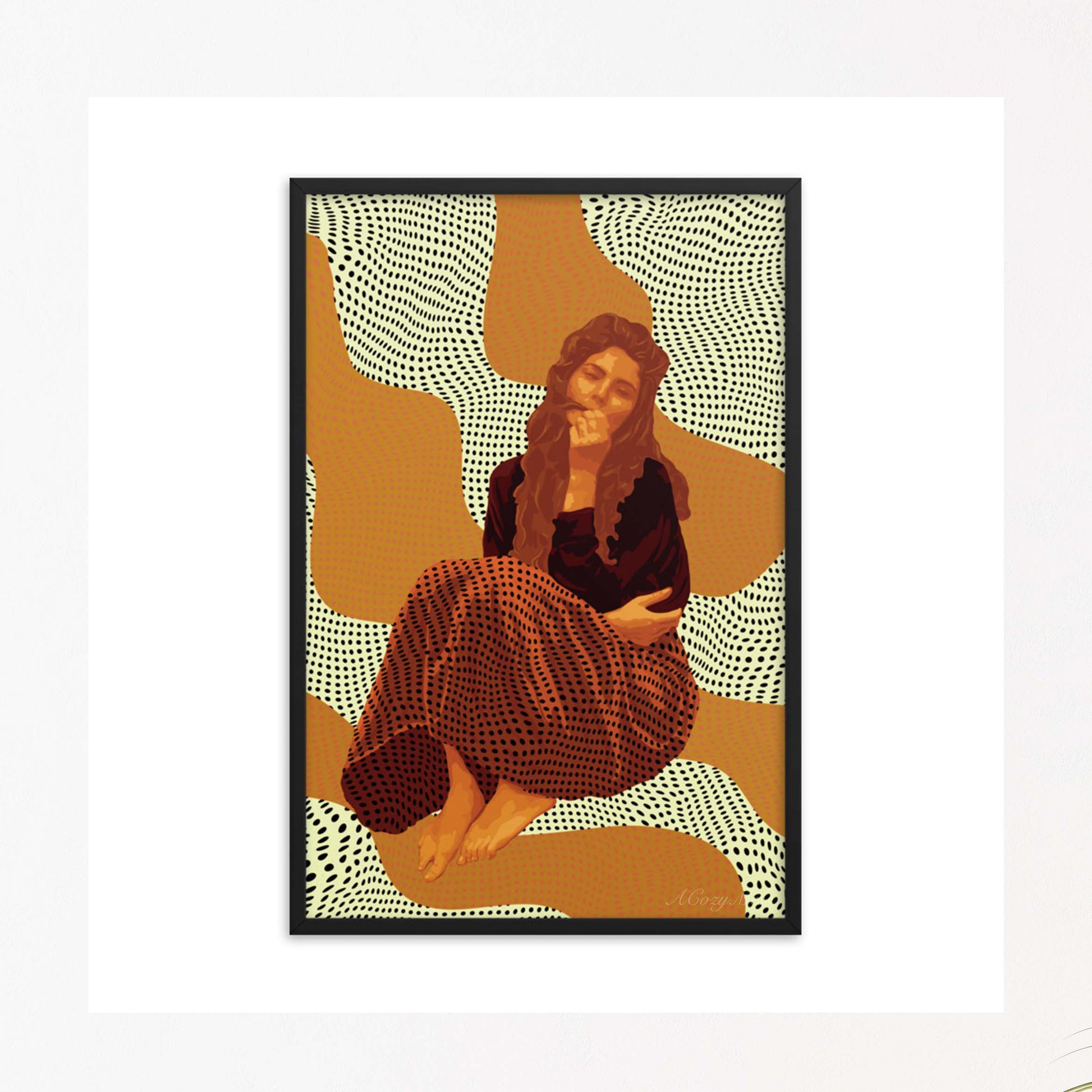 Woman Sitting trendy wall art poster in boho colors in black frame
