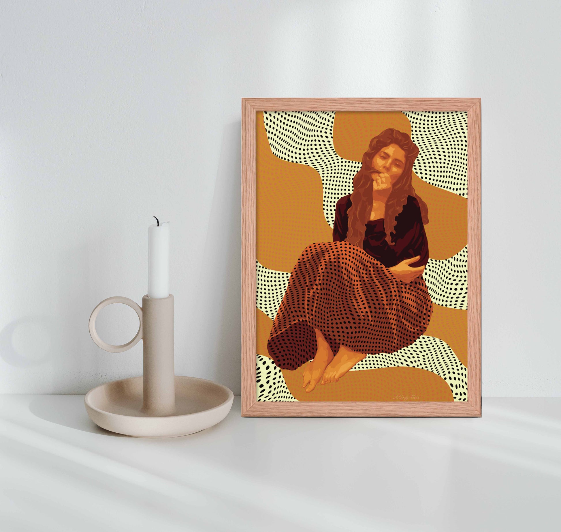 Woman Sitting trendy wall art poster in boho colors in oak frame
