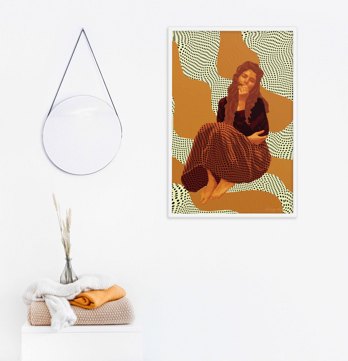 Woman Sitting trendy wall art poster in boho colors in white frame