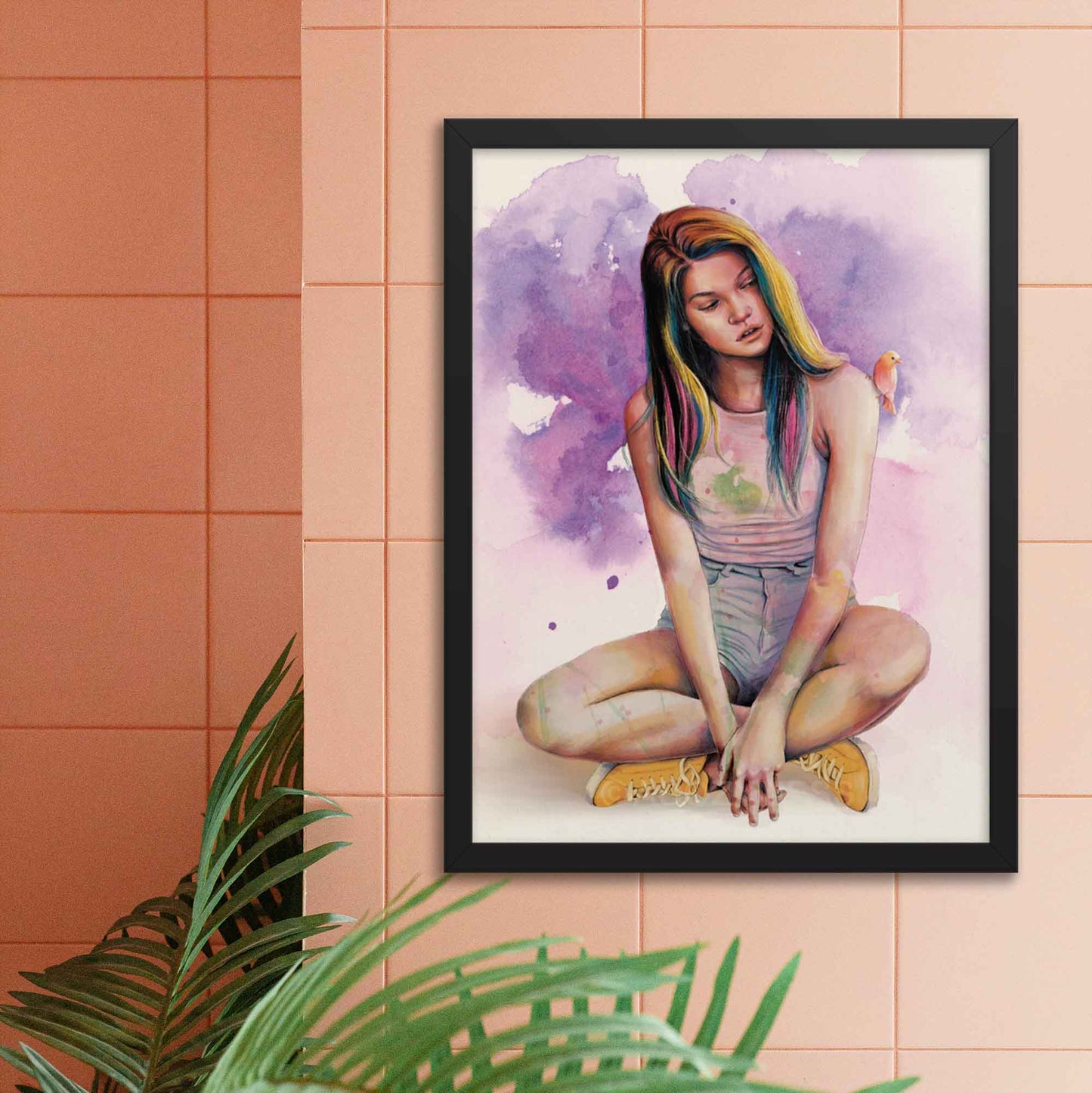 Artwork displayed in black frame, depicting a serene woman with a cute bird perched on her shoulder, done in purple, yellow, pink and blue.