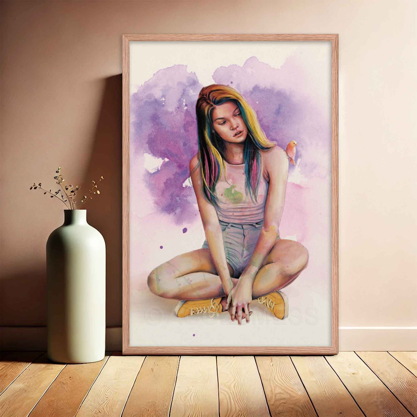 Artwork displayed in oakwood frame, depicting a serene woman with a cute bird perched on her shoulder, done in purple, yellow, pink and blue.