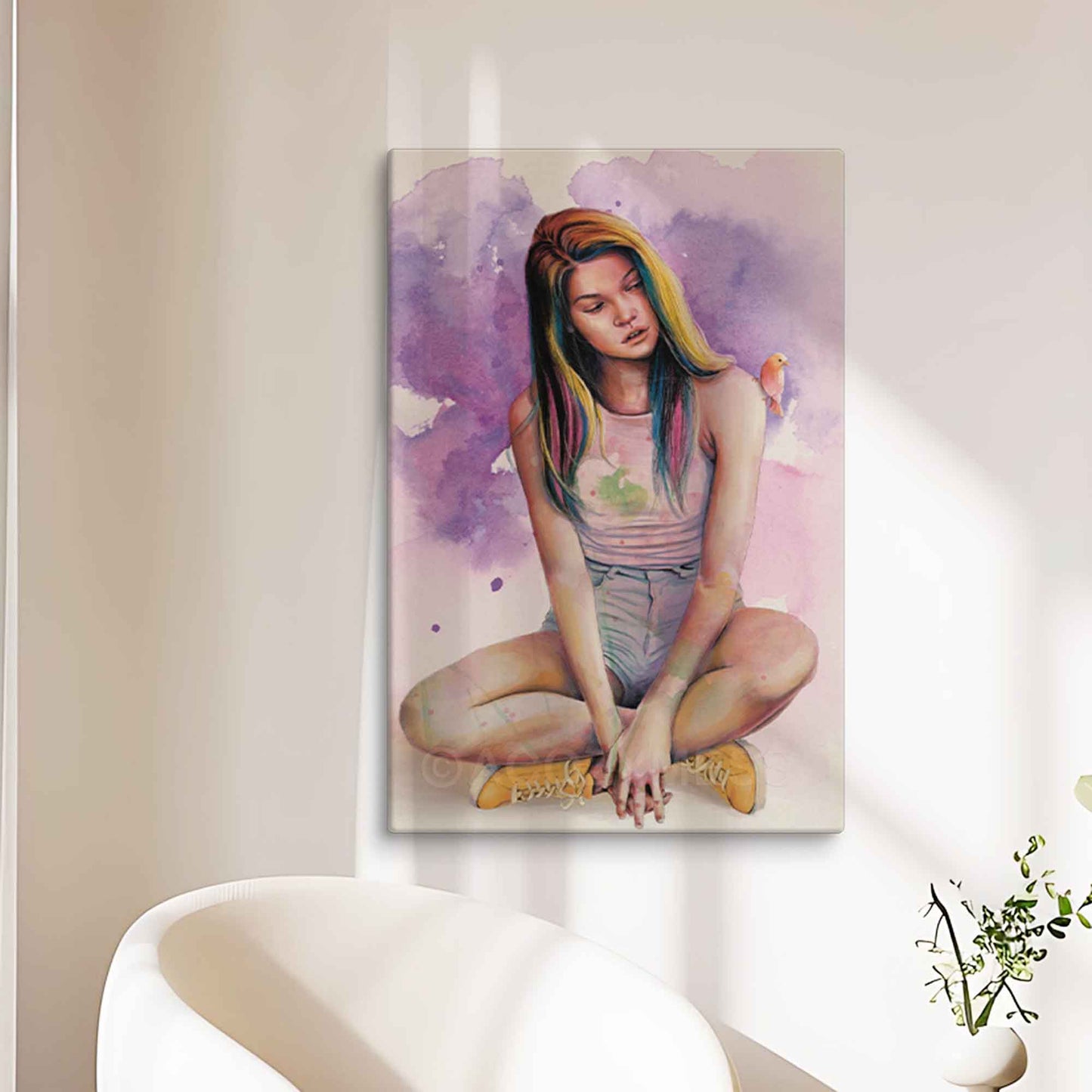 Artwork displayed in canvas print, depicting a serene woman with a cute bird perched on her shoulder, done in purple, yellow, pink and blue.