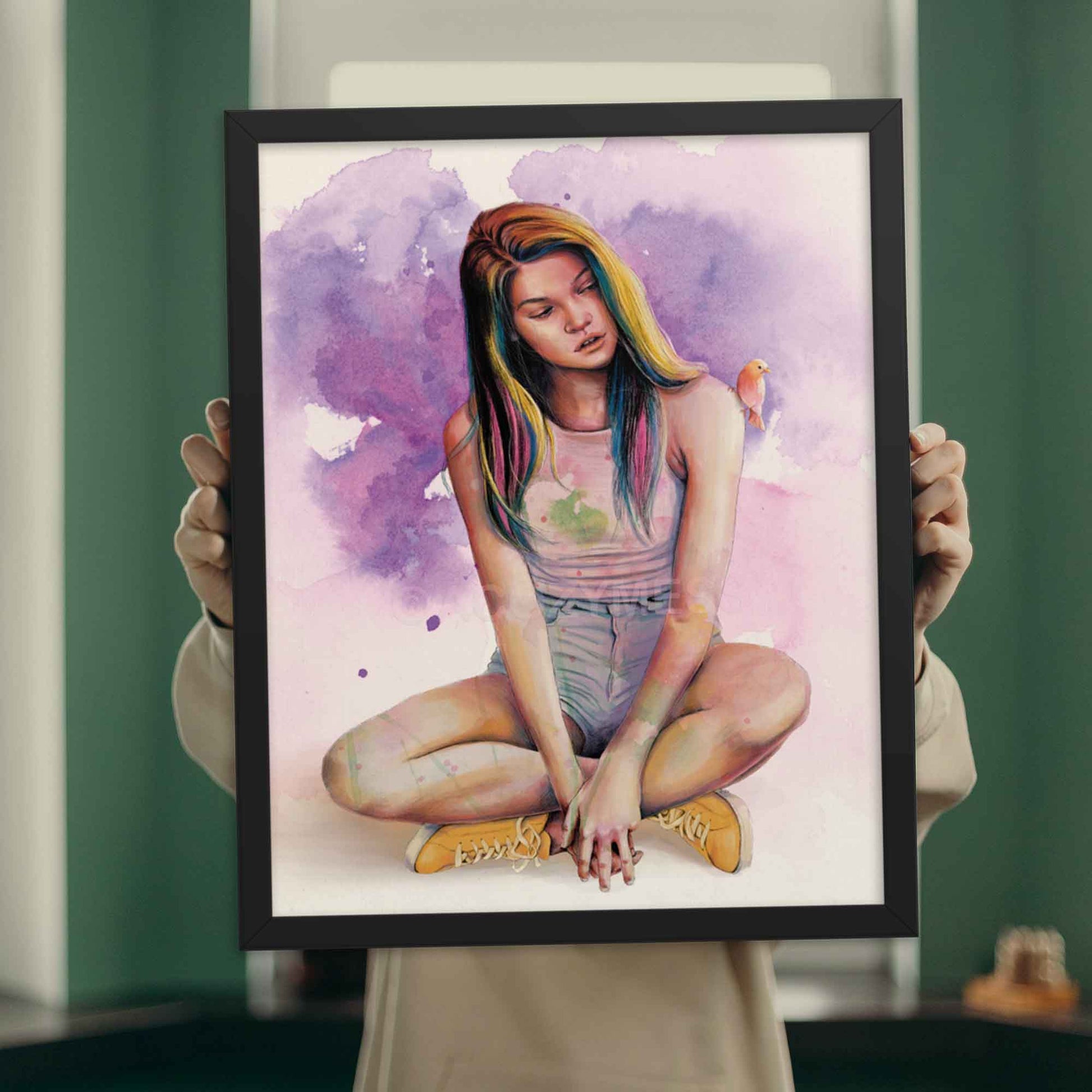 Artwork displayed in black frame, depicting a serene woman with a cute bird perched on her shoulder, done in purple, yellow, pink and blue.