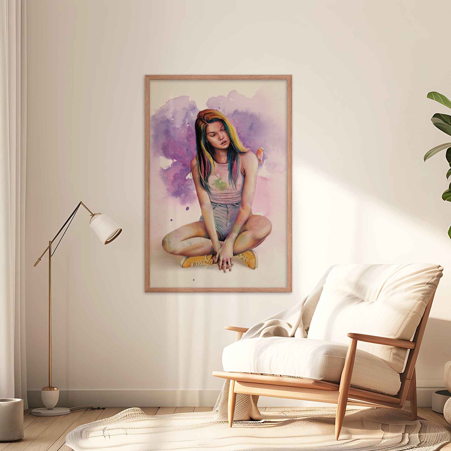 Artwork displayed in oak frame, depicting a woman with a cute bird perched on her shoulder, done in purple, yellow, pink and blue.