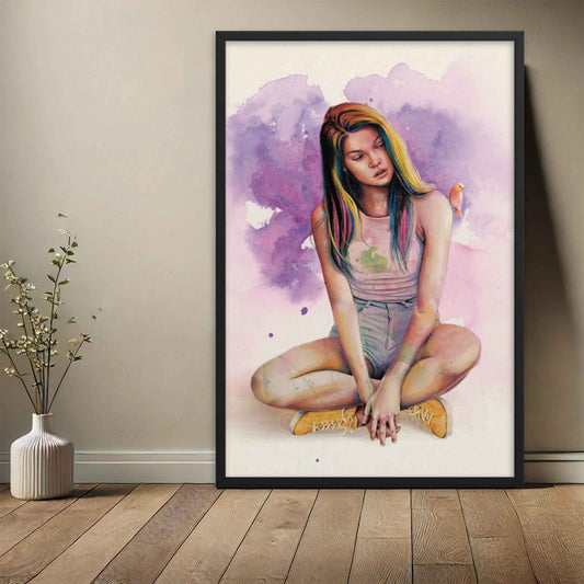 Artwork displayed in black frame, depicting a serene woman with a bird perched on her shoulder, representing the beauty and calm found in simple moments of connection with nature.