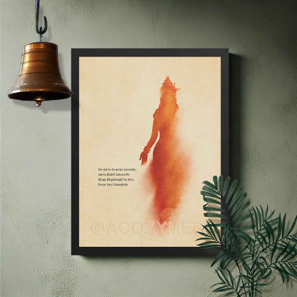 A blackframed art print featuring a stylized orange-red silhouette of goddess on a warm beige background,