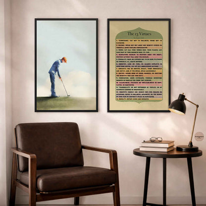 golf and 13 virtues wall art poster in black frames
