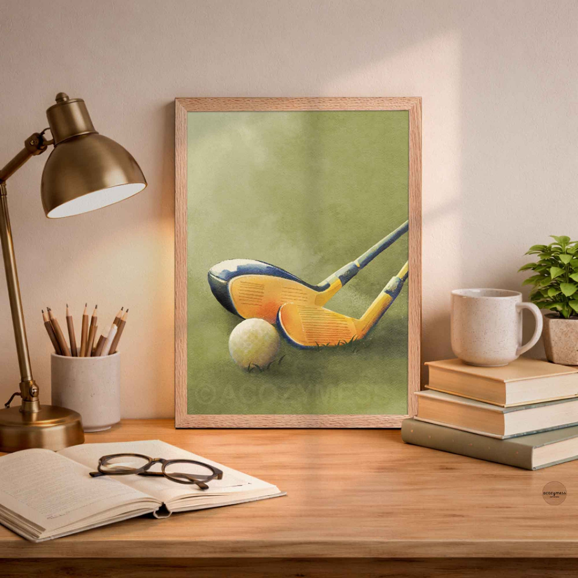 Oakwood-framed golf wall art showing golf clubs and a ball on green grass background in a modern interior style.