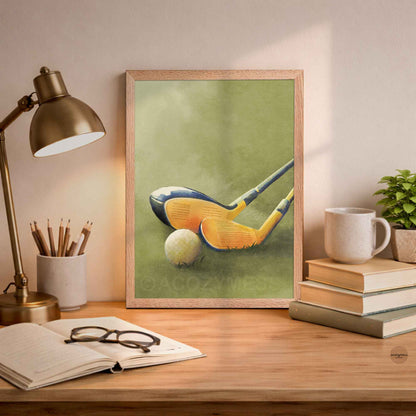 Oakwood-framed golf wall art showing golf clubs and a ball on green grass background in a modern interior style.