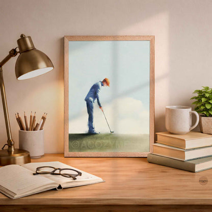 Oakwood Framed picture of a golfer on a desk with a lamp, books.
