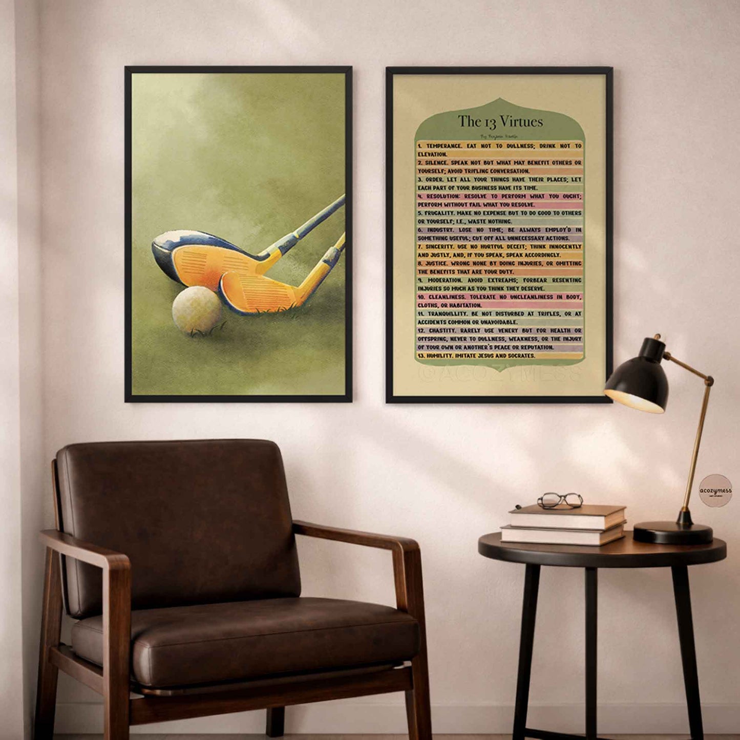 Black-framed golf wall art with golf clubs and a ball on green grass background for gallery-style sports decor.