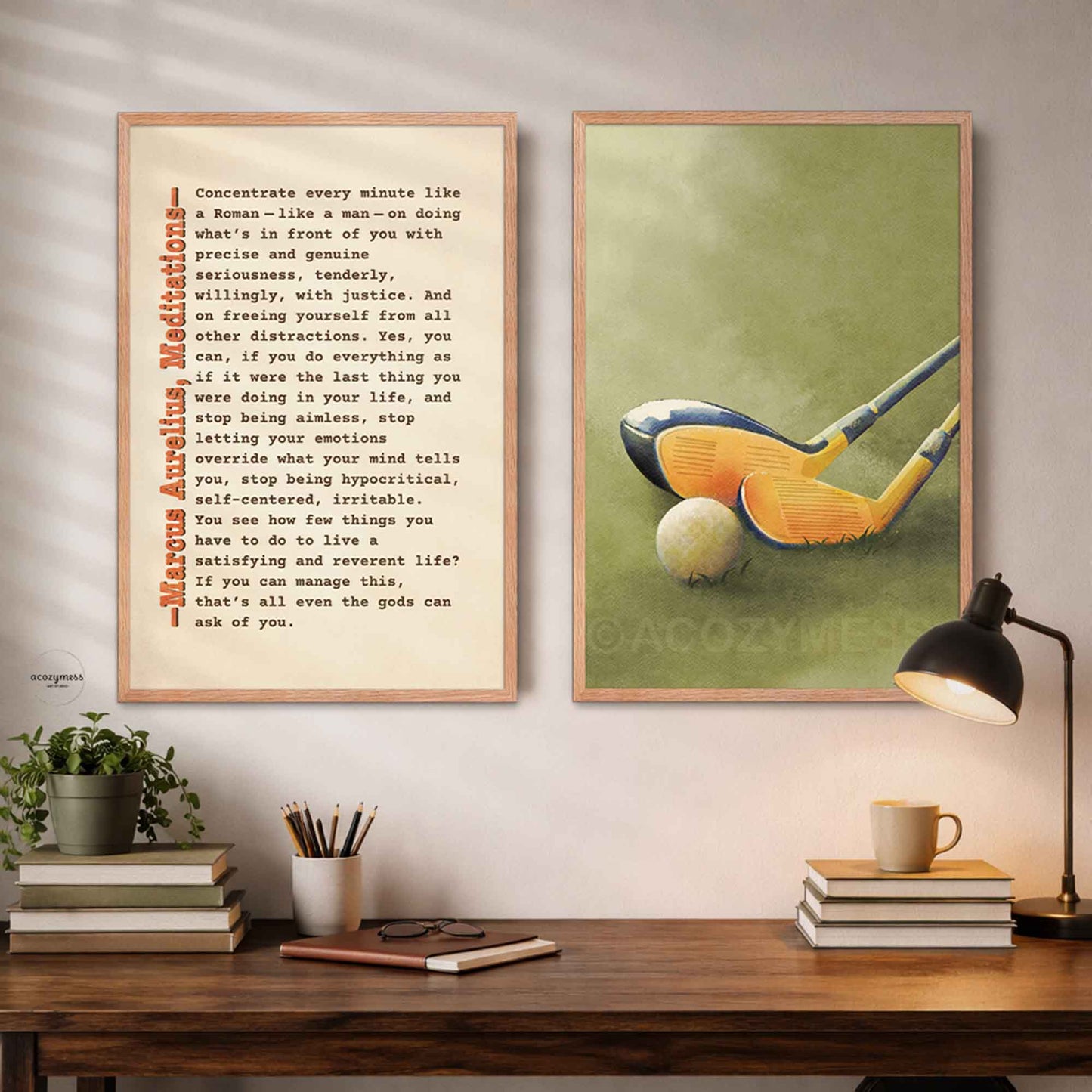 Oakwood framed Decorative wall art with golf-themed prints and a desk setup.