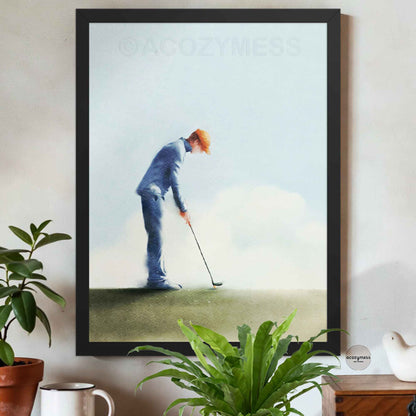Black Framed artwork of a person playing golf on a wall.