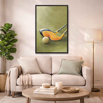 Premium golf poster in black frame—golf ball and clubs on green grass background for study or man cave decor.