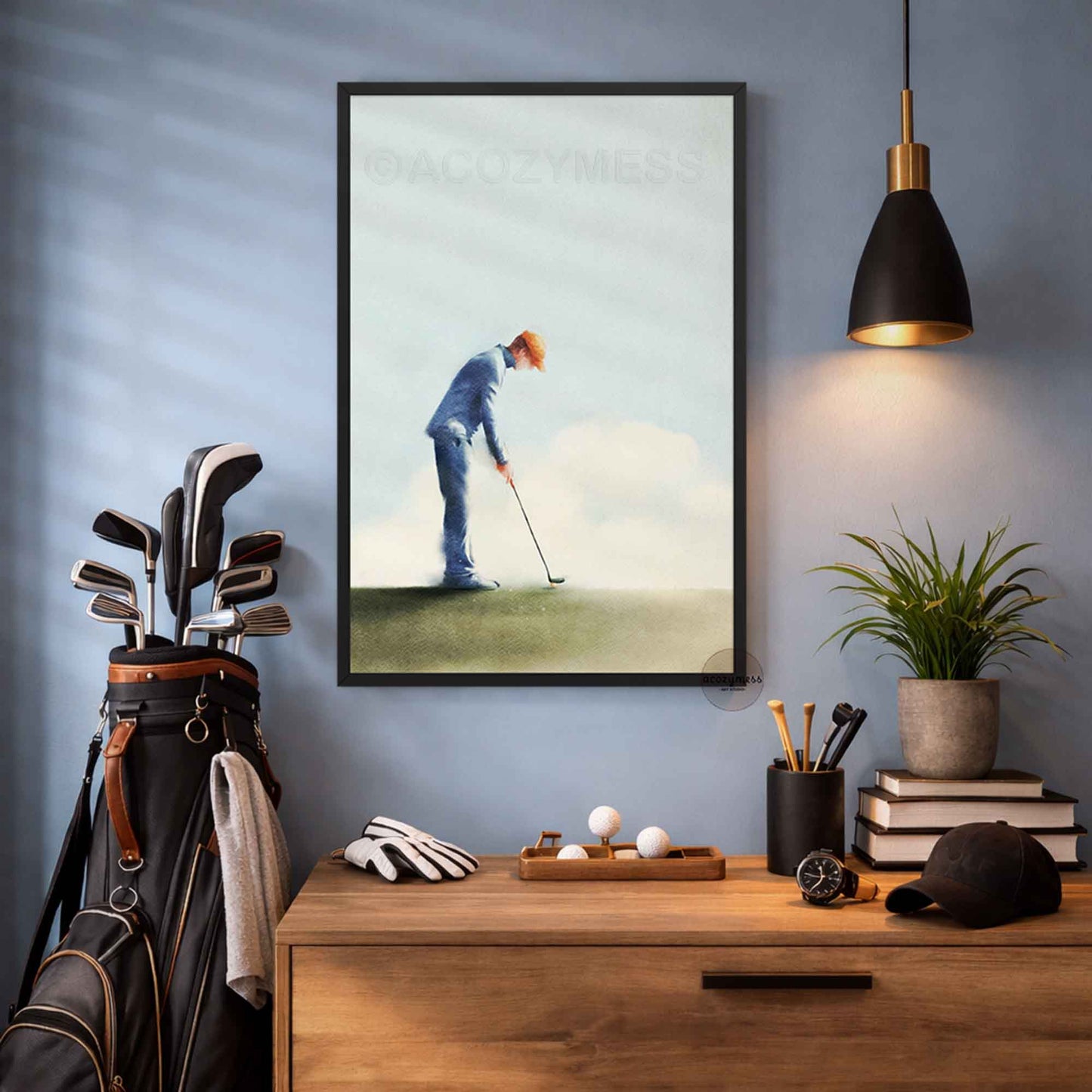 golfer wall art in black frame.