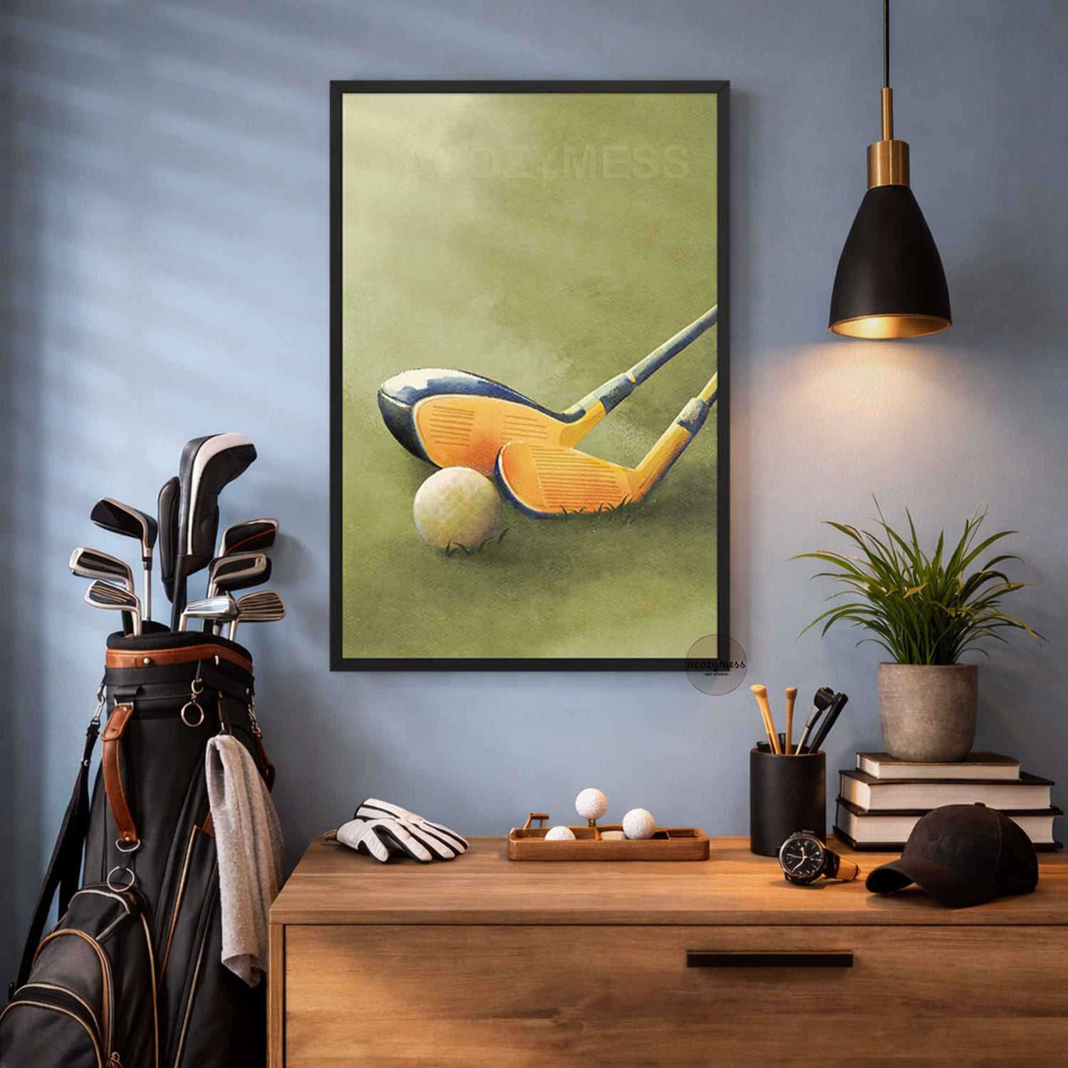 Golf-themed decor with clubs, a golf ball, and a framed picture on a wall.