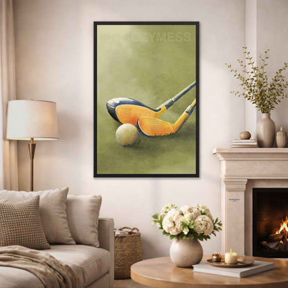 Golf clubs and ball print in a black frame, high-contrast modern wall art on a vivid green grass background.