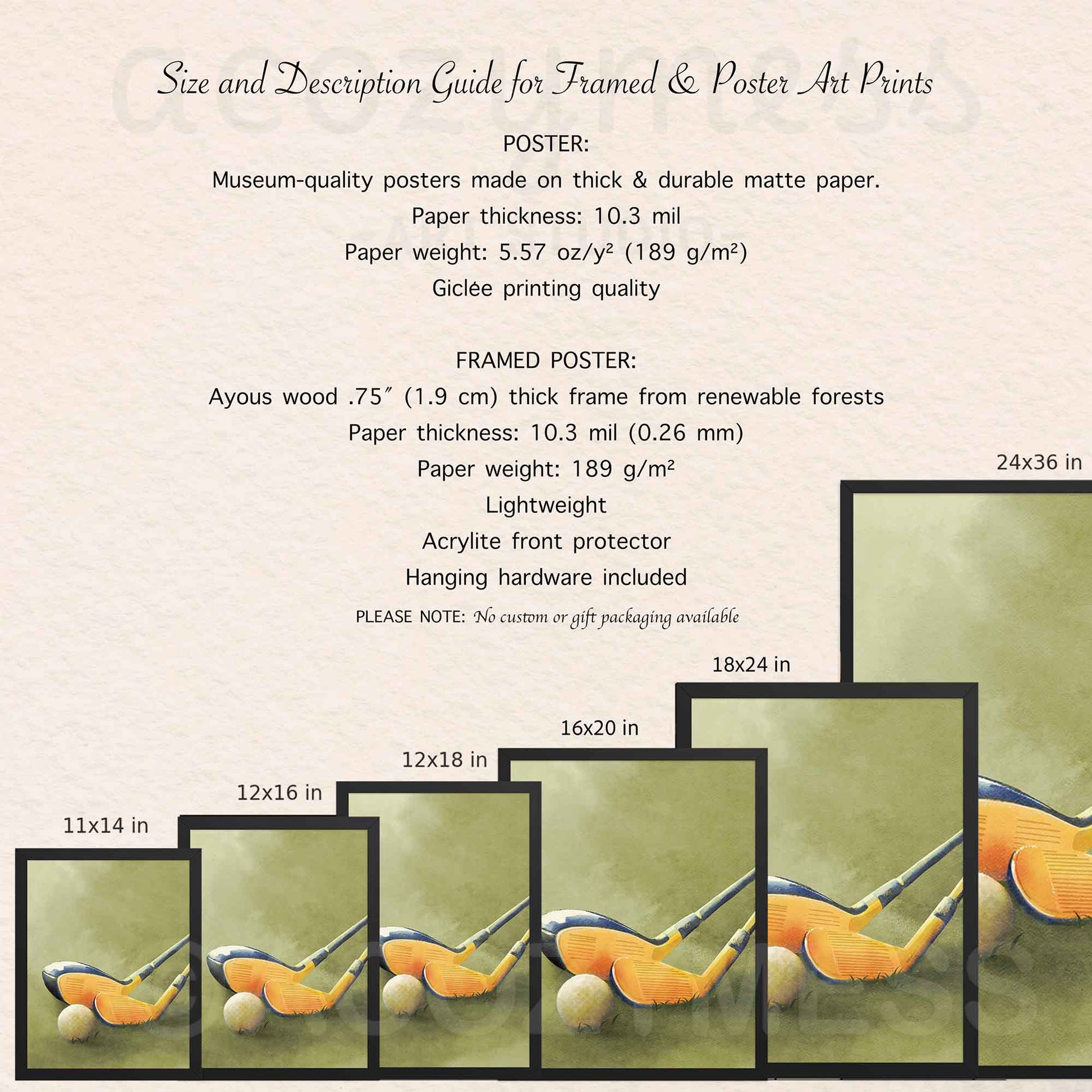Size and description guide for framed and poster art prints with golf club images.