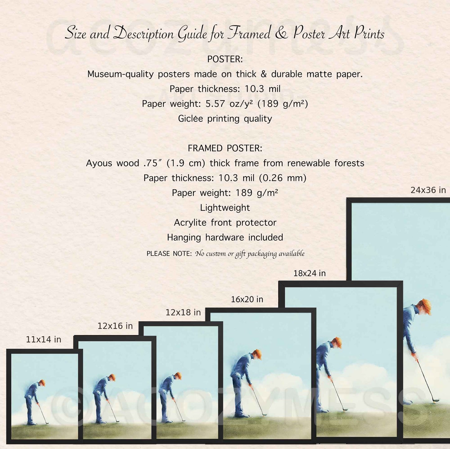 Size and description guide for framed and poster art prints with dimensions and materials listed.