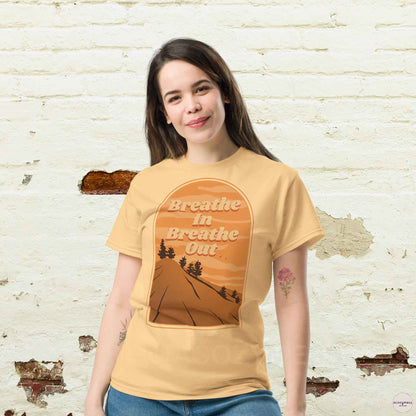 meditation tshirt, breathe in breathe out in light yellow color