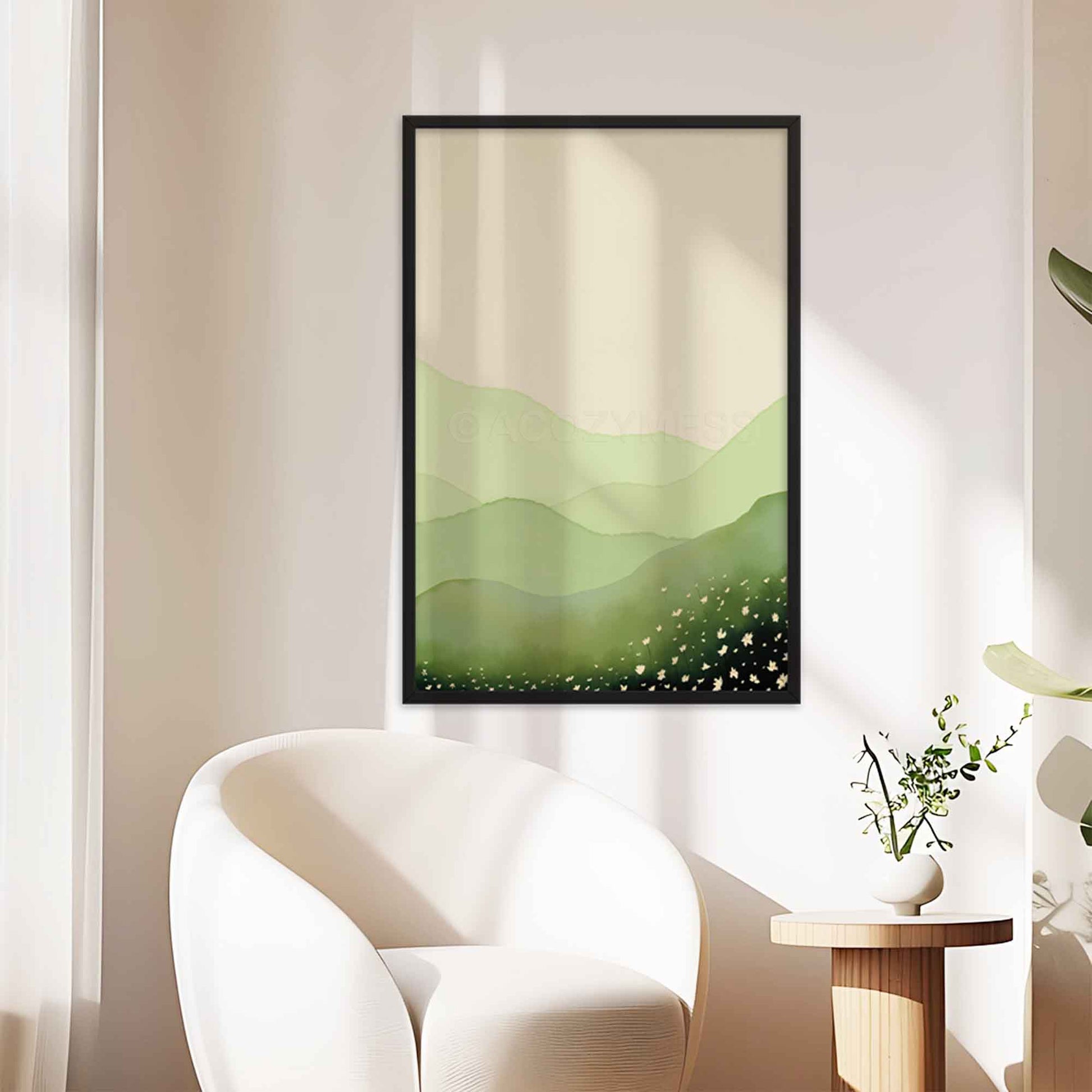 Illustration of a serene green field landscape with delicate white flowers, framed in black, perfect for calm wall decor.