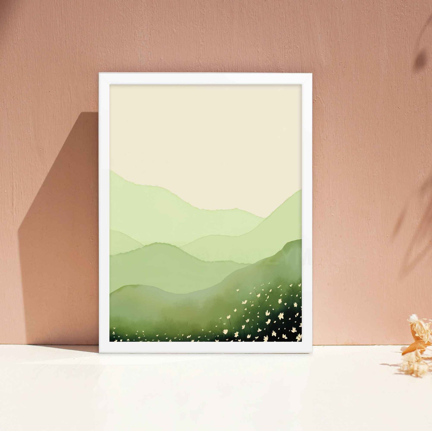 Illustration of a serene green field landscape with delicate white flowers, framed in white, perfect for calm wall decor.