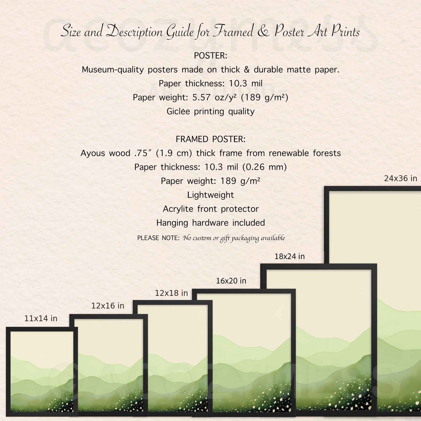 size and description details of green mountains landscape art