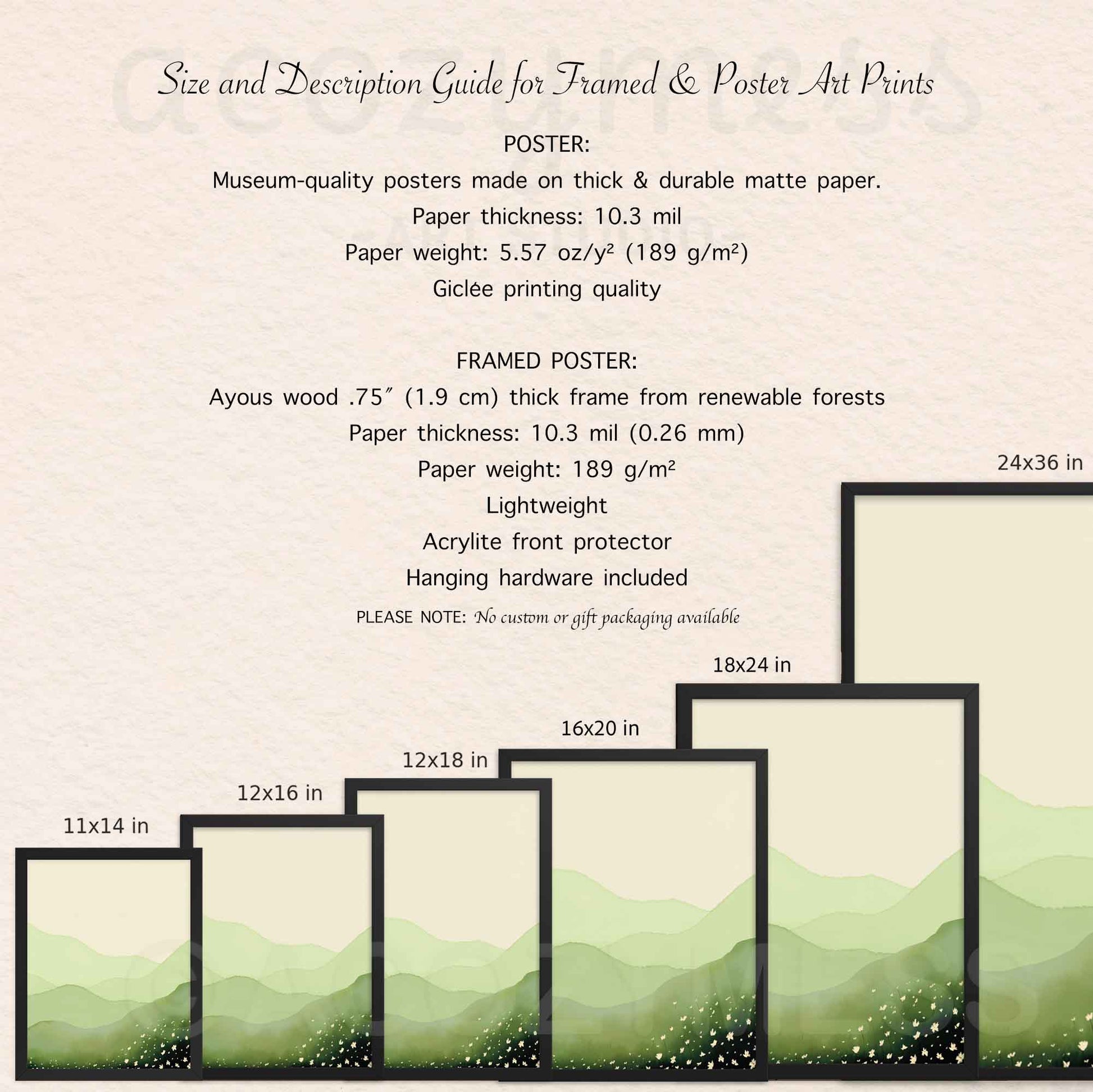 size and description details of green mountains landscape art