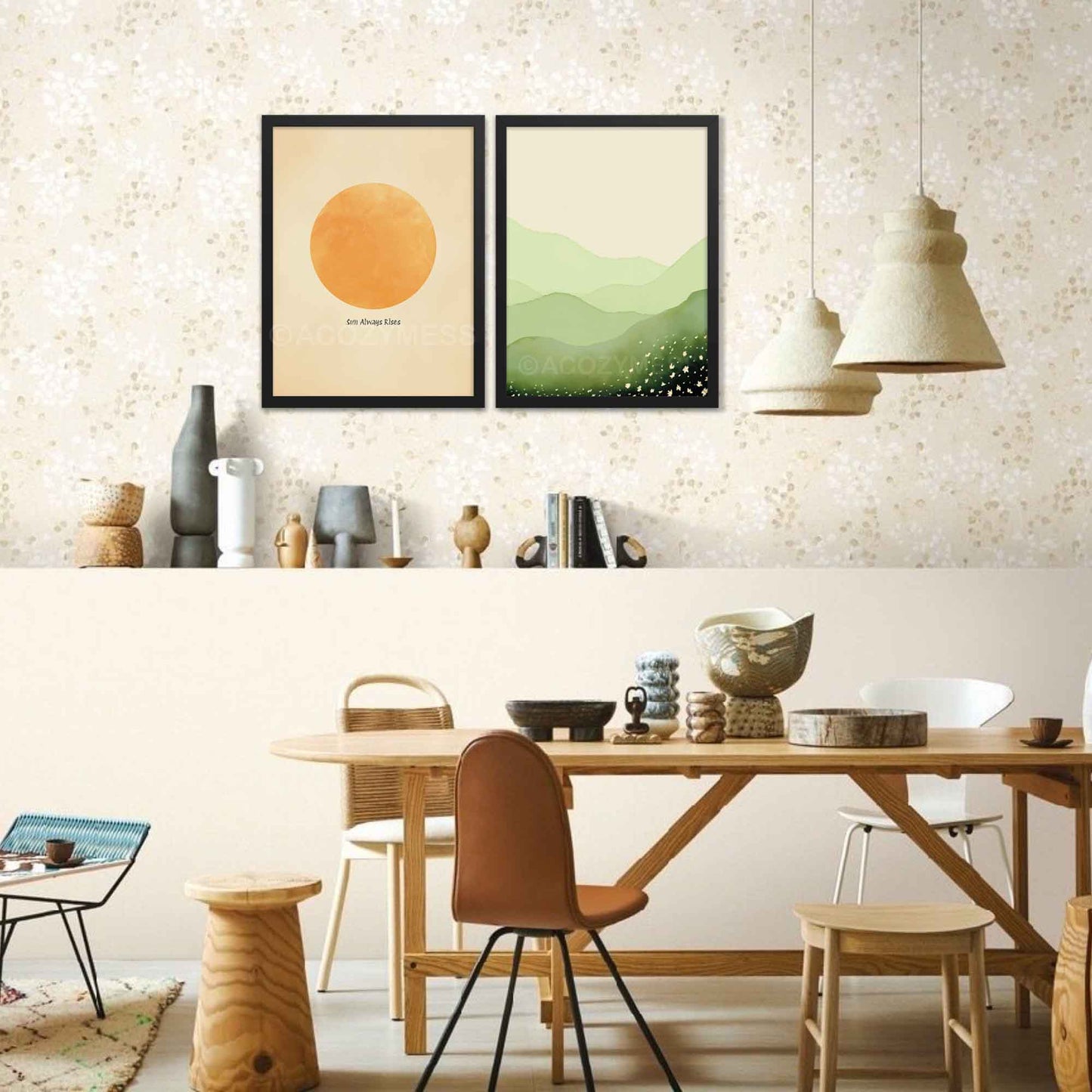 Illustration of a serene green field landscape with delicate white flowers, framed in black displayed on a gallery wall, perfect for tranquil wall decor.