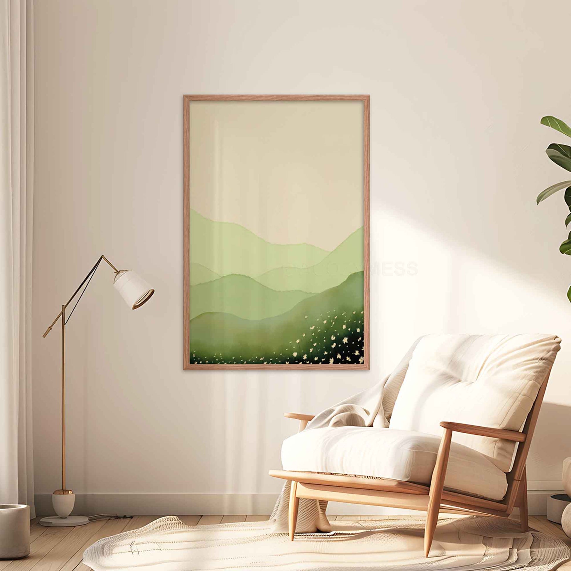 Illustration of a serene green field landscape with delicate white flowers, framed in oakwood displayed on a serene room corner, perfect for tranquil wall decor.