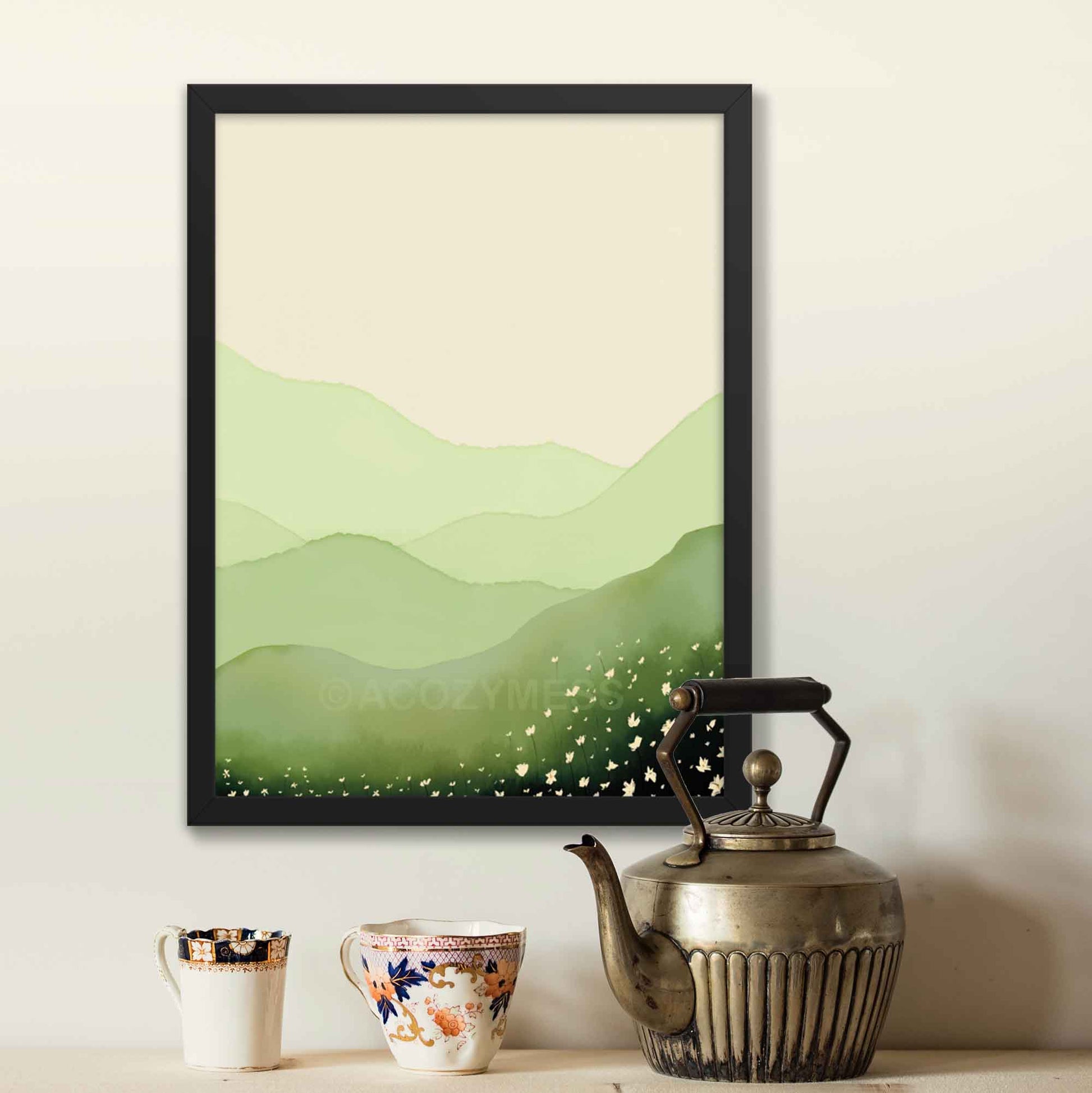 Illustration of a serene green field landscape with delicate white flowers, framed in black displayed, perfect for tranquil wall decor.