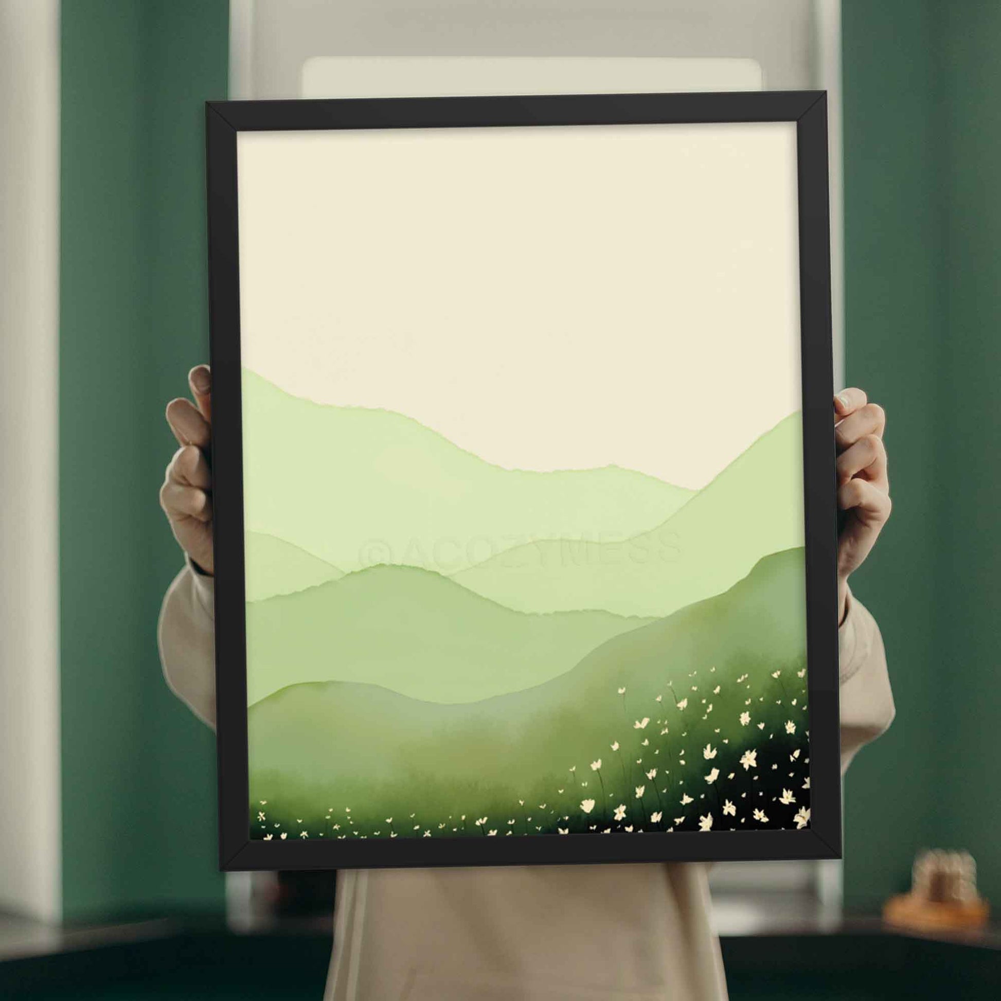 Illustration of a serene green field landscape with delicate white flowers, framed in black.