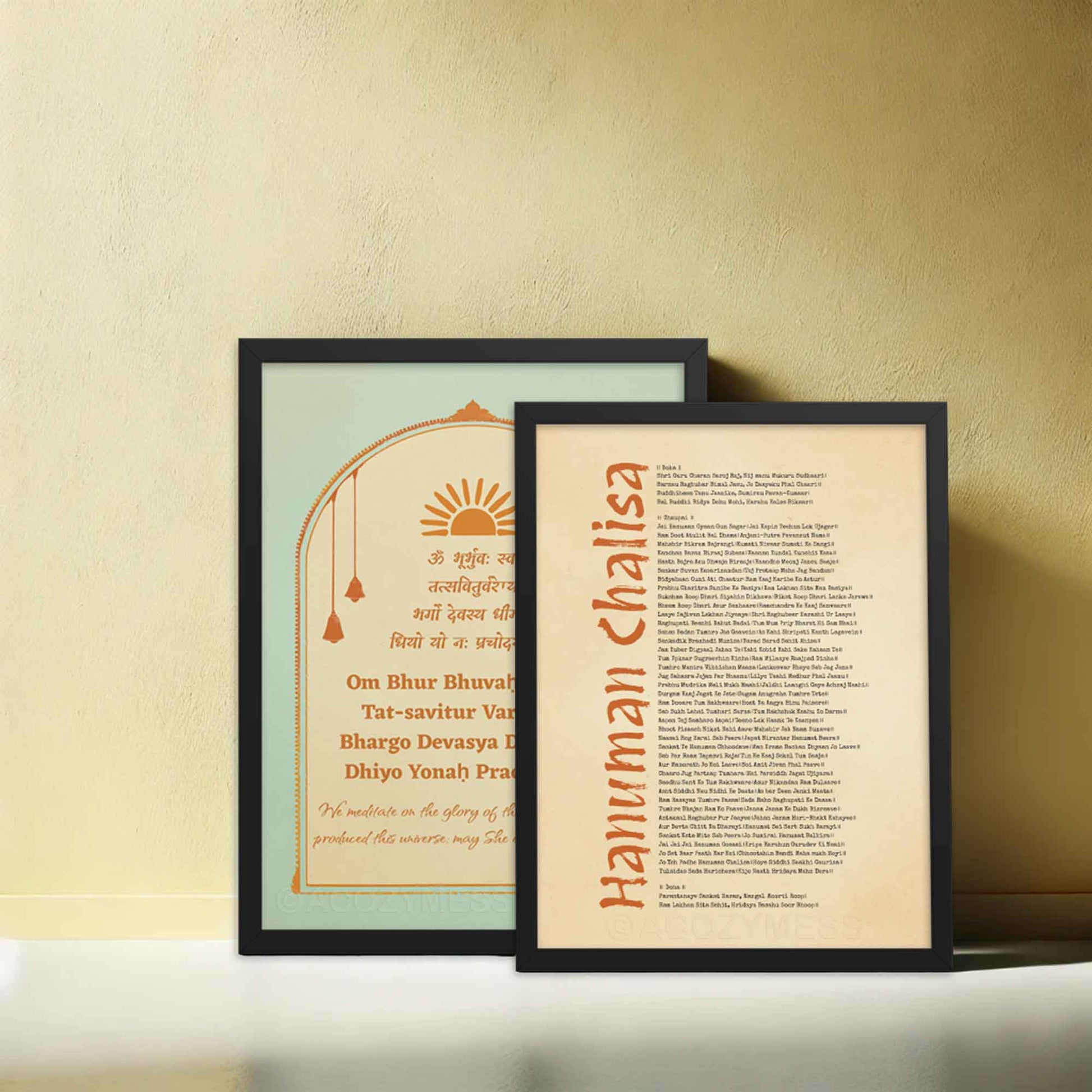 Hanuman Chalisa poster with minimalist style featuring the sacred devotional prayer, ideal for prayer rooms and meditation spaces, framed in black.