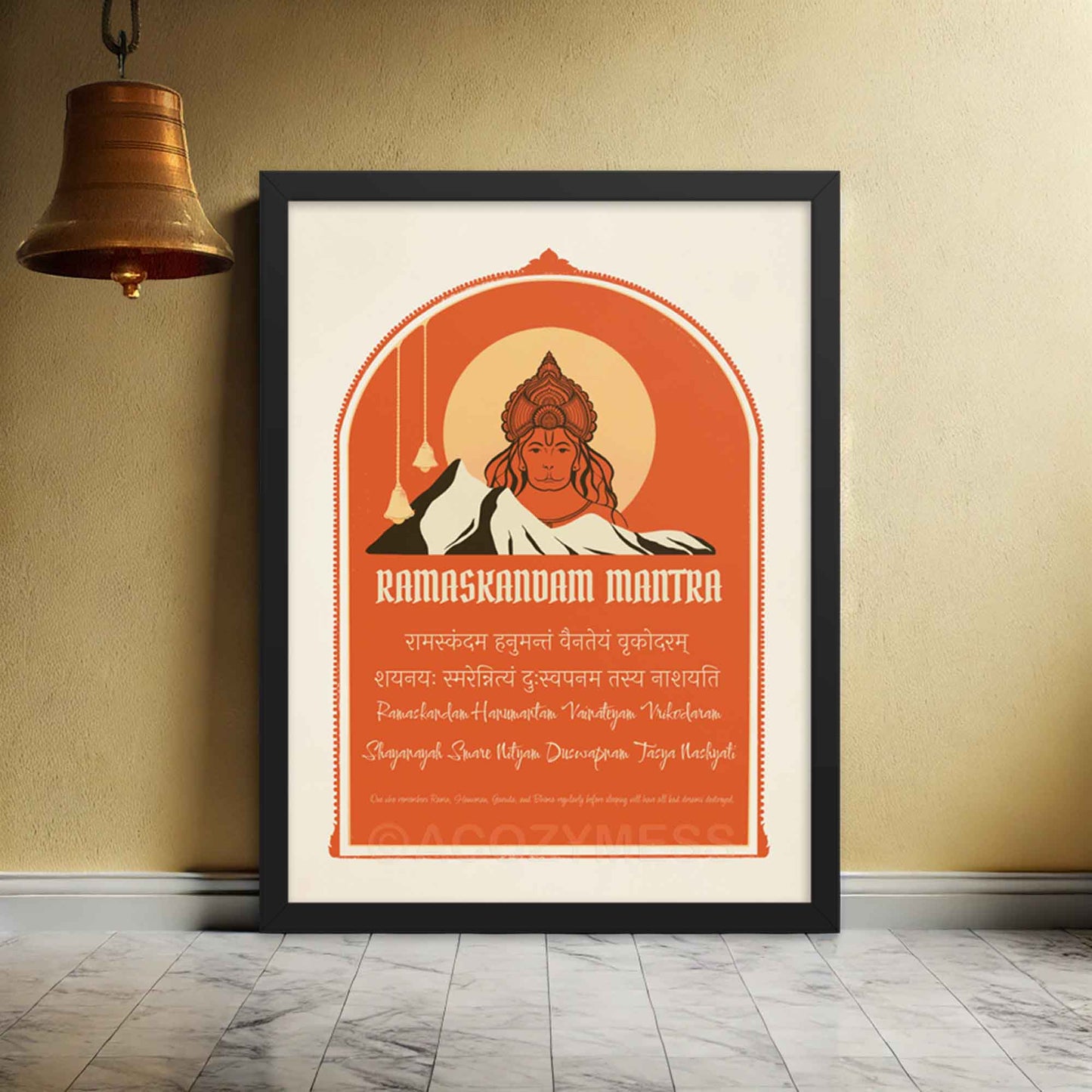 Hanuman Sleep mantra Chant to ward off bad dreams  meditation Poster with hanuman illustration in orange, beige and brown, in black frame.