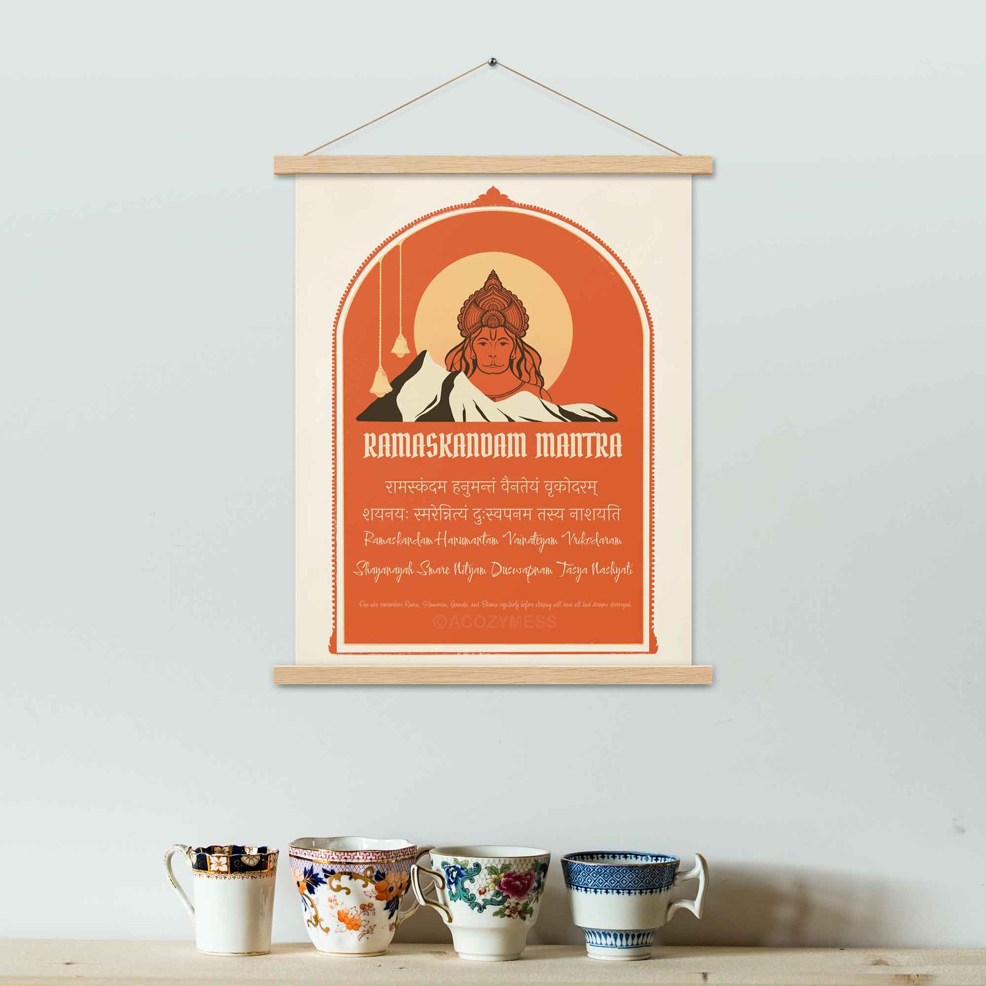 Hanuman Sleep mantra Chant for meditation Poster with hanuman illustration in orange, beige and brown.