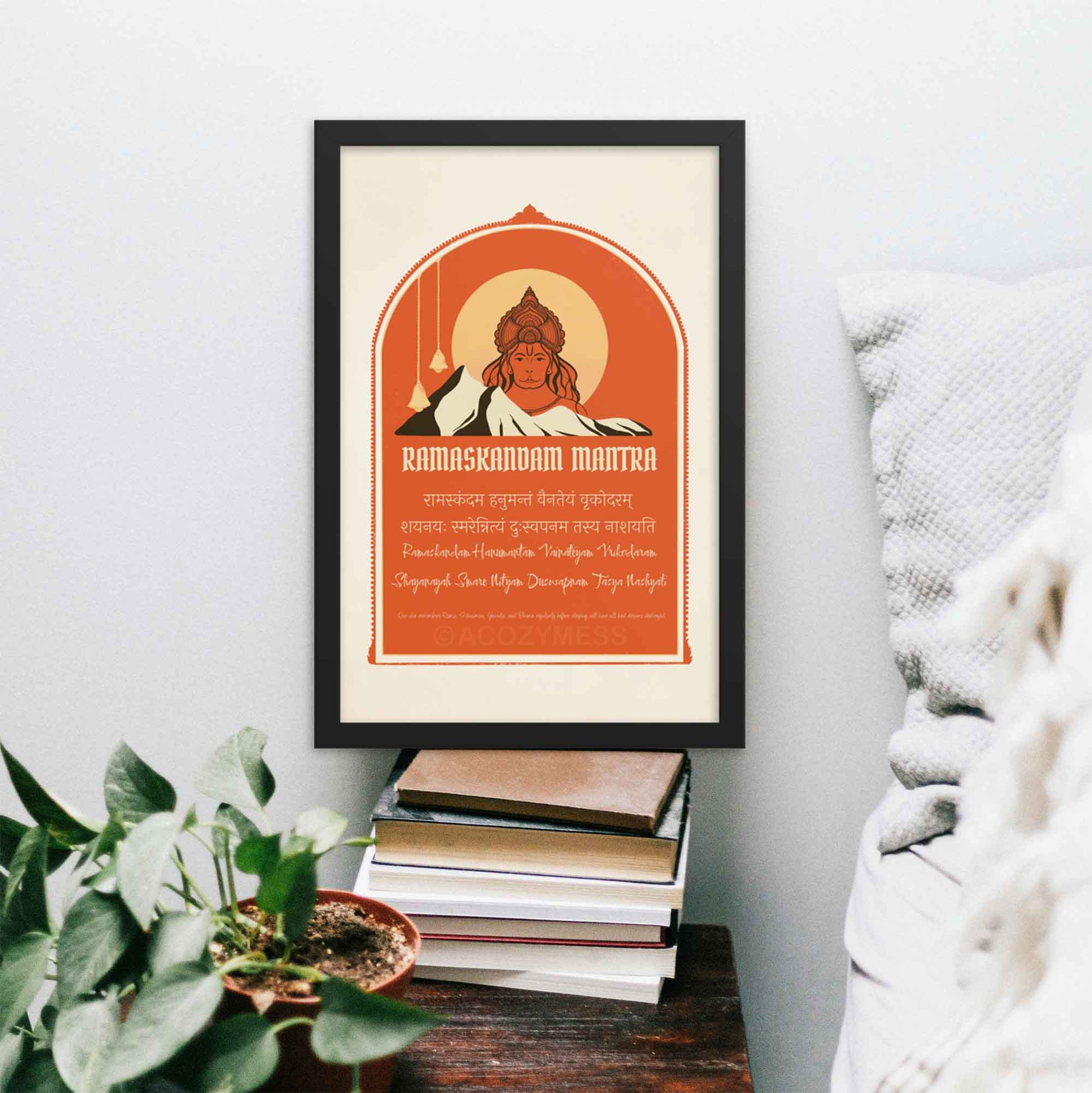 Hanuman Sleep mantra Chant for meditation Poster with hanuman illustration in orange, beige and brown, framed in black.