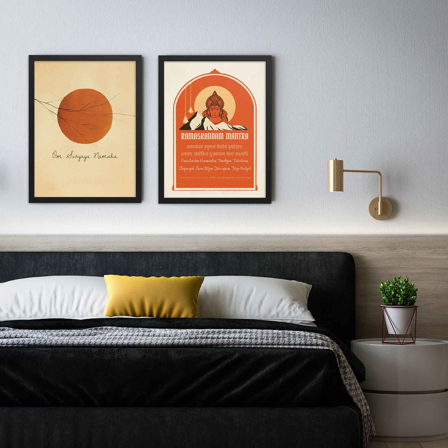 Hanuman Sleep mantra Chant for meditation Poster and sun mantra art print  in orange, beige and brown, framed in black.