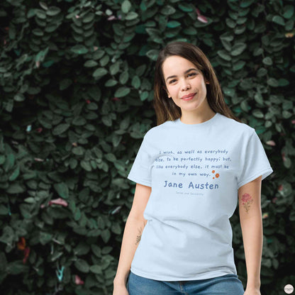 Jane Austen Tshirt with quote on happy in my own way, classic literature minimalist style light blue Tshirt