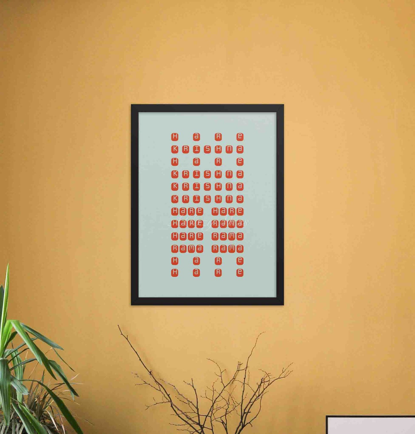 A black framed poster, featuring the Hare Krishna mantra arranged in a grid-like pattern, in red color against a mint green background.