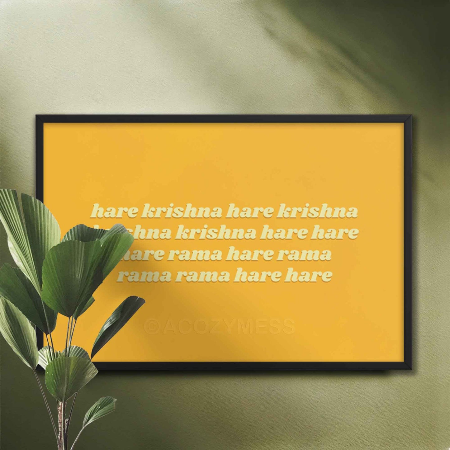 Horizontal bright yellow Hare Krishna mantra wall art poster, available in black frame