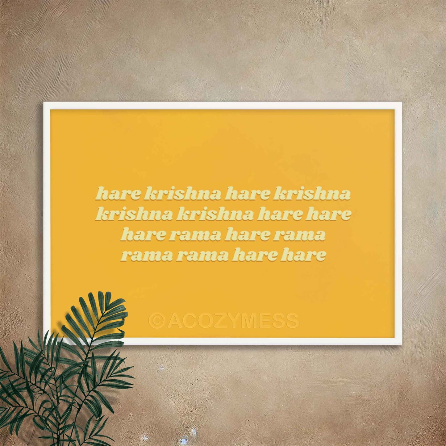 Horizontal bright yellow Hare Krishna mantra wall art poster, available in white frame