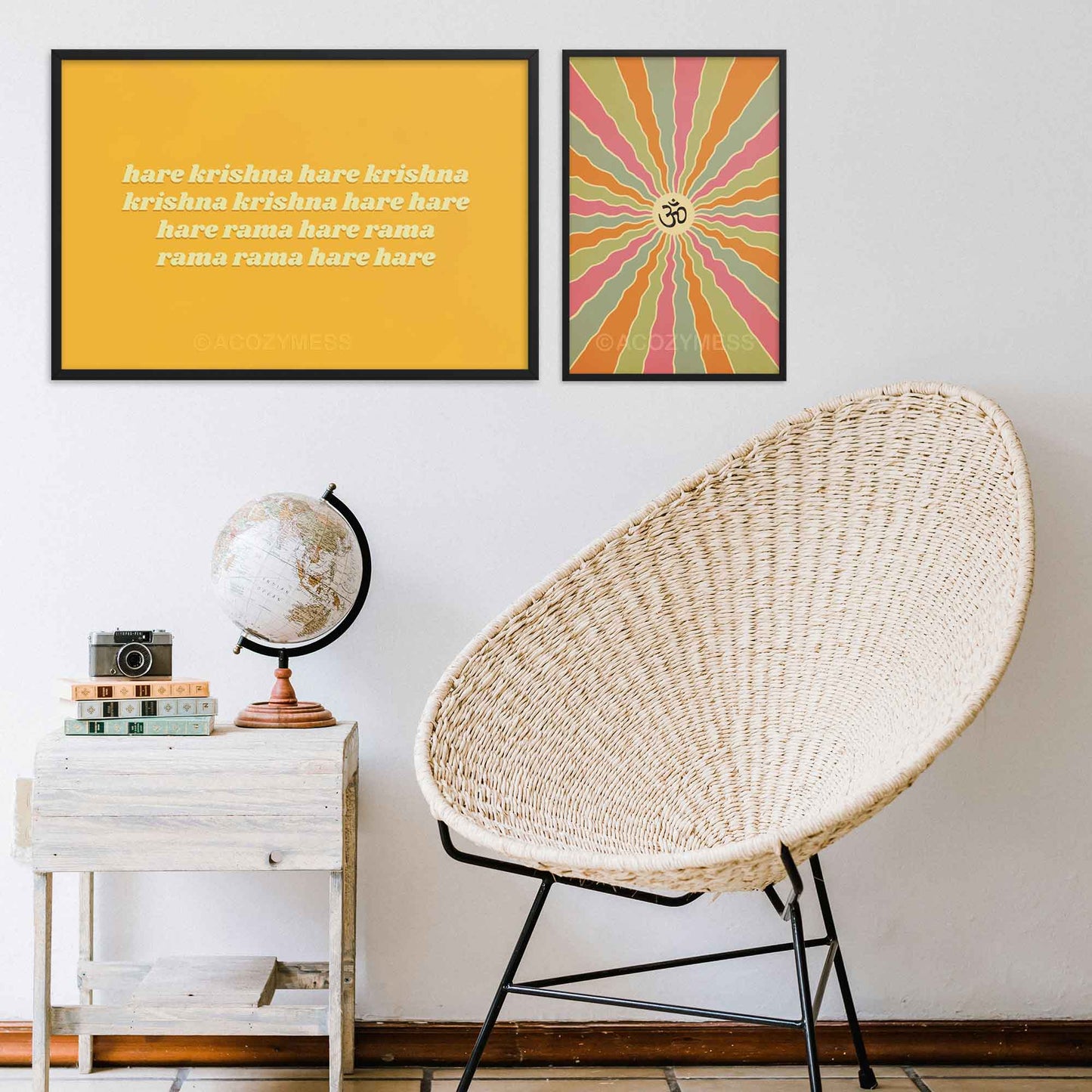 Horizontal bright yellow Hare Krishna Vaishna mantra wall art poster, available in black frame and Om Colorful Retro design posterin black frame