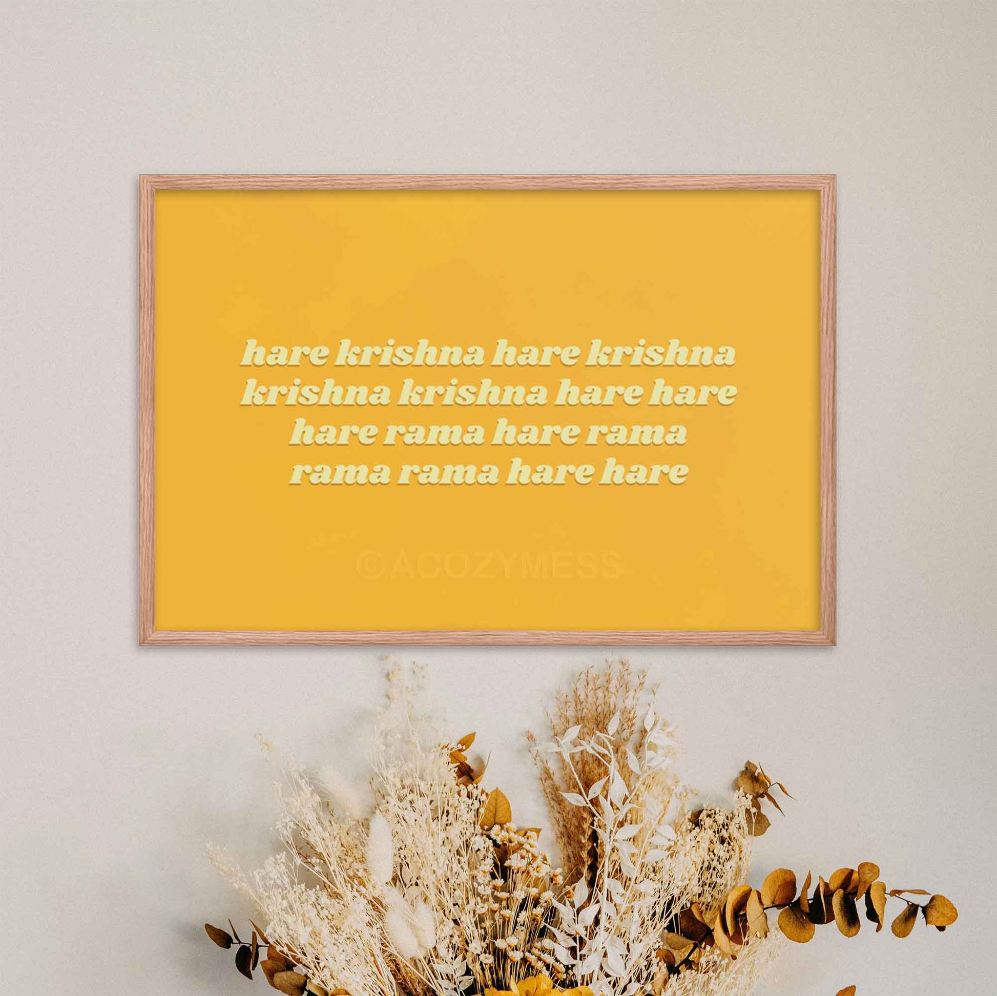 Horizontal bright yellow Hare Krishna mantra wall art poster, available in oakwood frame