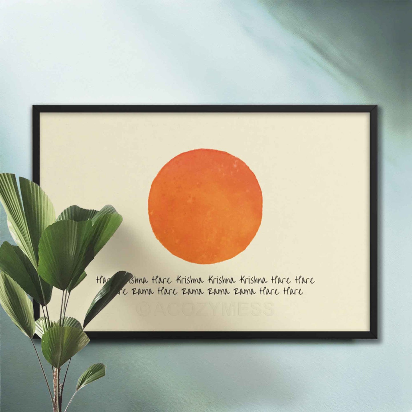 Hare Krishna Mantra with orange sun art on beige background framed in black, minimalist spiritual design.