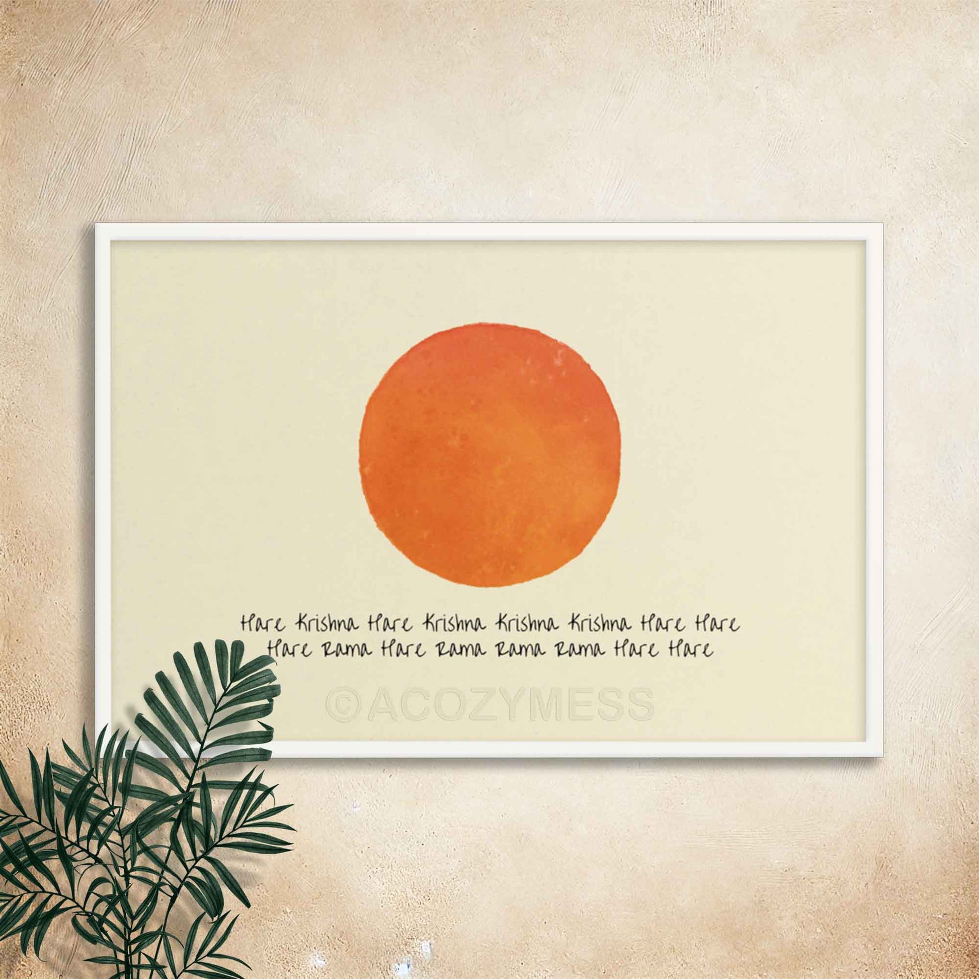 Hare Krishna Mantra with orange sun art on beige background framed in black, minimalist spiritual design.